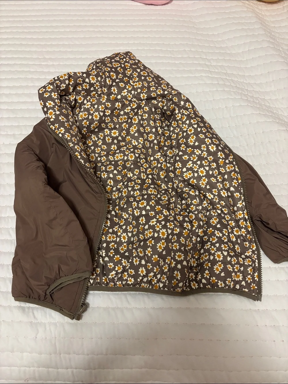 Brown Puffer Jacket with Daisy-Print Lining